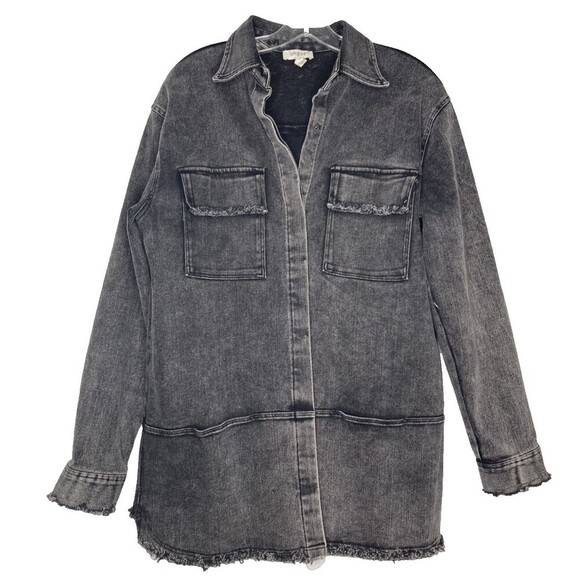 UMGEE Black Denim Jacket Women Large Long Line Raw Hem Button Front Collared - Picture 4 of 5